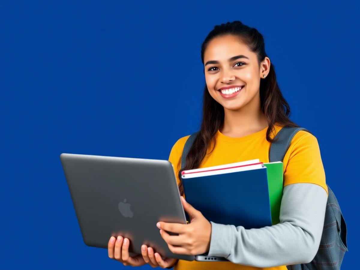 Estudante sorrindo com notebook e materiais de estudo